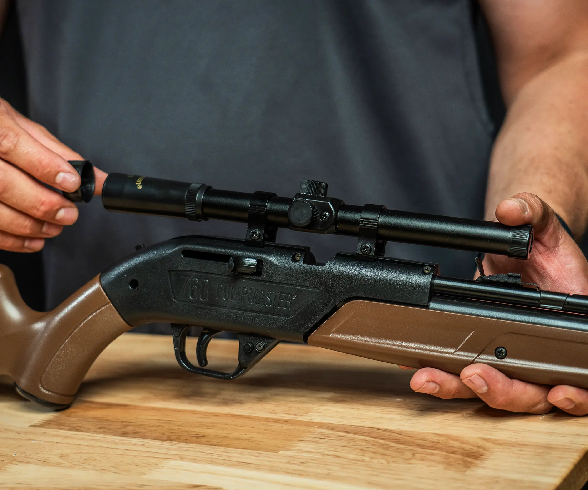 Crosman Targetfinder 4x Scope 0410 Being Mounted to Crosman 760 Indoor Lifestyle