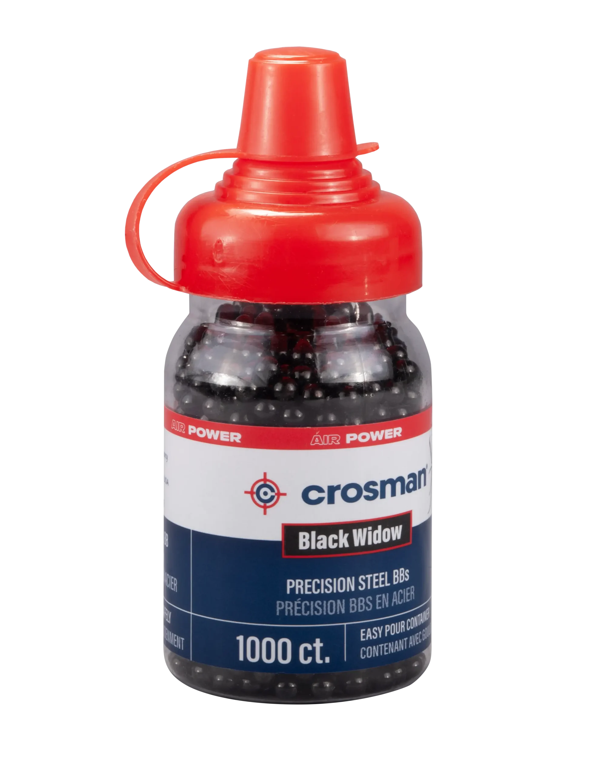 Angled Front View of Bottle of Crosman Black Widow BBs 1000 ct CBW1K Cap Off