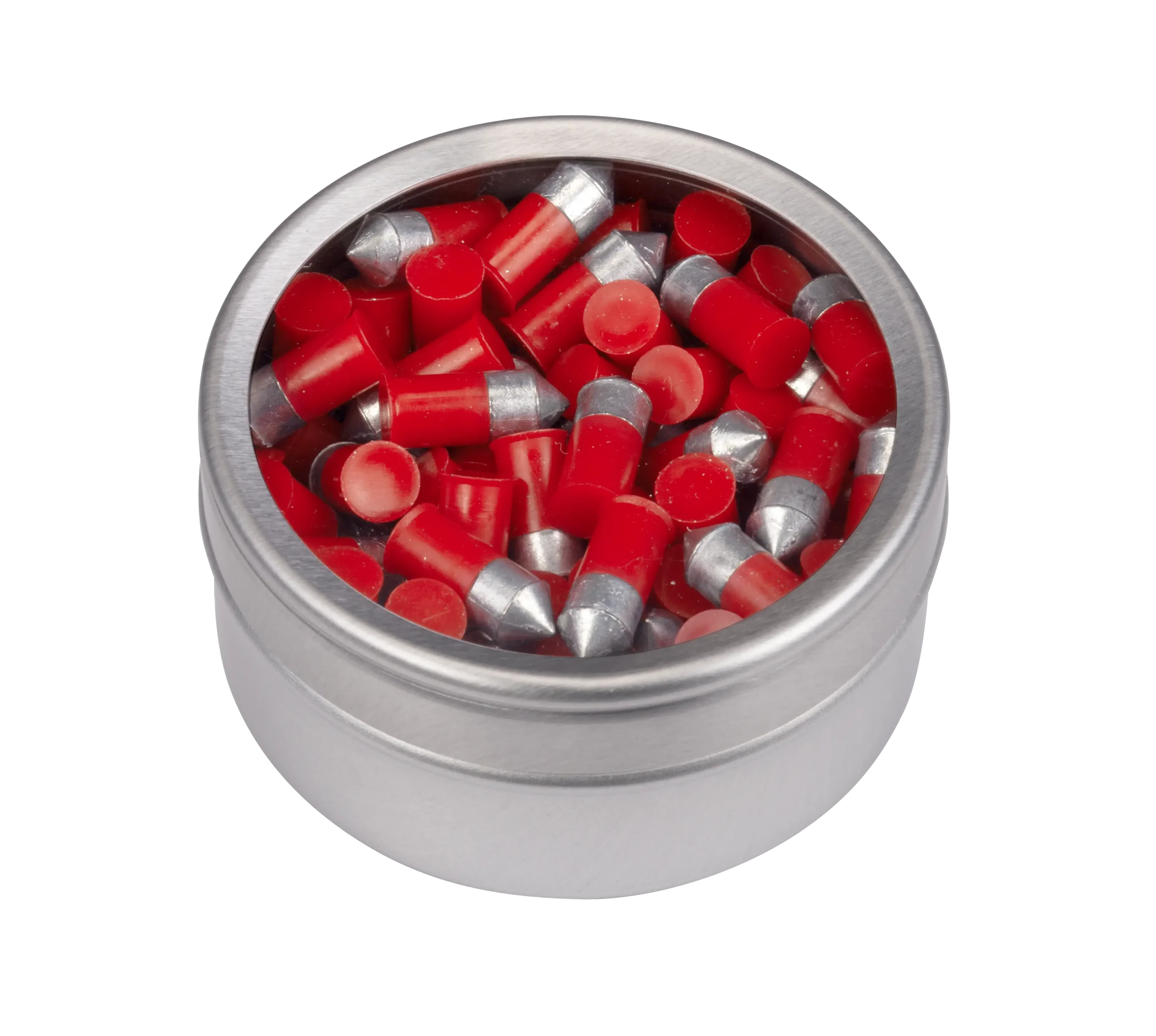 Angled View of Tin of Crosman Red Flight Penetrator Pellets LF2216