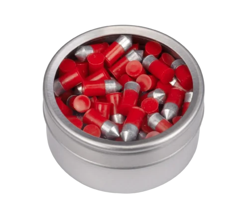 Angled View of Tin of Crosman Red Flight Penetrator Pellets LF2216